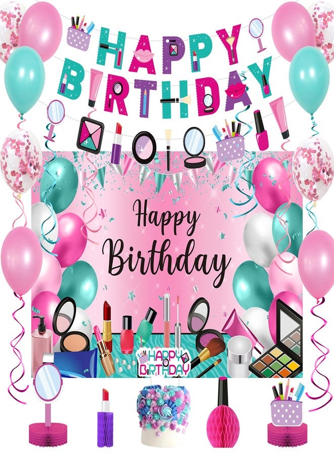 Roetyce Makeup Birthday Party Decorations - 46PCS Kit, Pink Spa Themed Birthday Supplies With Banner, Balloons, Cake Topper - Image 1